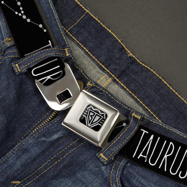 Buckle-Down BD Wings Logo CLOSE-UP Full Color Black Silver Seatbelt Belt - Zodiac TAURUS/Constellation Black/White Webbing