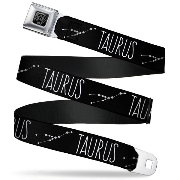 Buckle-Down BD Wings Logo CLOSE-UP Full Color Black Silver Seatbelt Belt - Zodiac TAURUS/Constellation Black/White Webbing