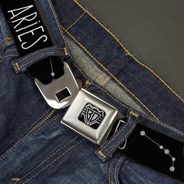 Buckle-Down BD Wings Logo CLOSE-UP Full Color Black Silver Seatbelt Belt - Zodiac ARIES/Constellation Black/White Webbing