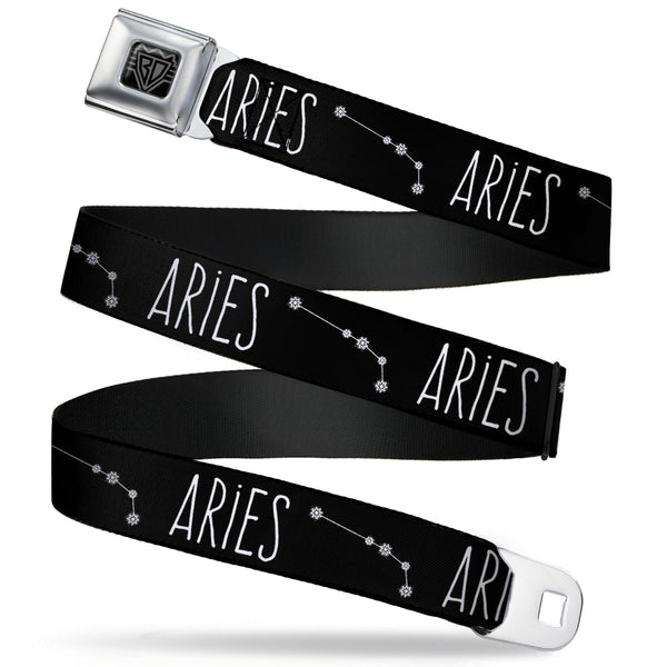 Buckle-Down BD Wings Logo CLOSE-UP Full Color Black Silver Seatbelt Belt - Zodiac ARIES/Constellation Black/White Webbing