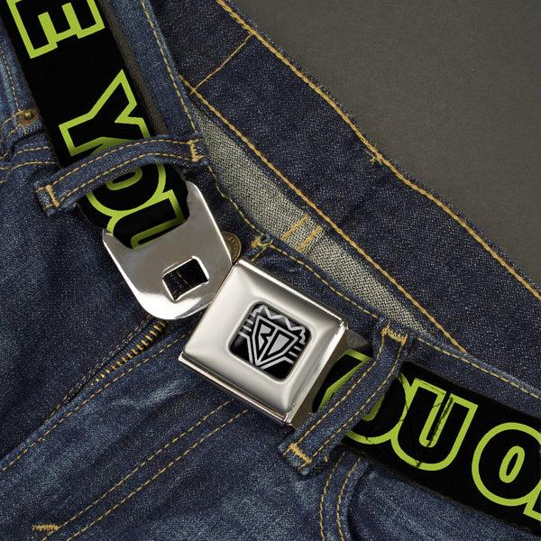 Buckle-Down BD Wings Logo CLOSE-UP Full Color Black Silver Seatbelt Belt - YOU ONLY LIVE ONCE Black/Neon Green Webbing