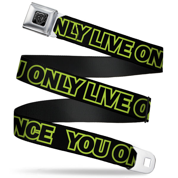 Buckle-Down BD Wings Logo CLOSE-UP Full Color Black Silver Seatbelt Belt - YOU ONLY LIVE ONCE Black/Neon Green Webbing