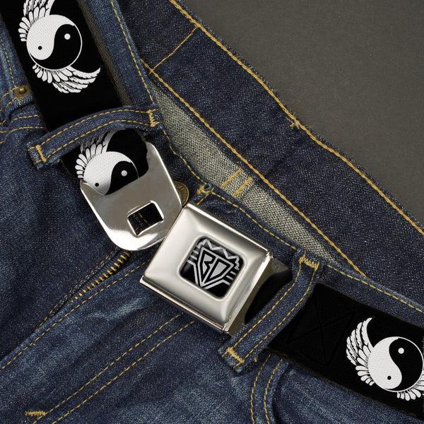 Buckle-Down BD Wings Logo CLOSE-UP Full Color Black Silver Seatbelt Belt - Yin Yang W/Wings Black/White Webbing