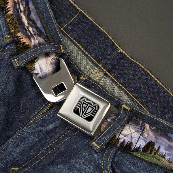 Buckle-Down BD Wings Logo CLOSE-UP Full Color Black Silver Seatbelt Belt - Washington MT. RAINIER Valley Landscape Webbing