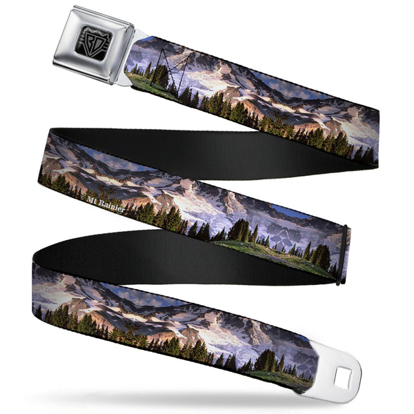 Buckle-Down BD Wings Logo CLOSE-UP Full Color Black Silver Seatbelt Belt - Washington MT. RAINIER Valley Landscape Webbing