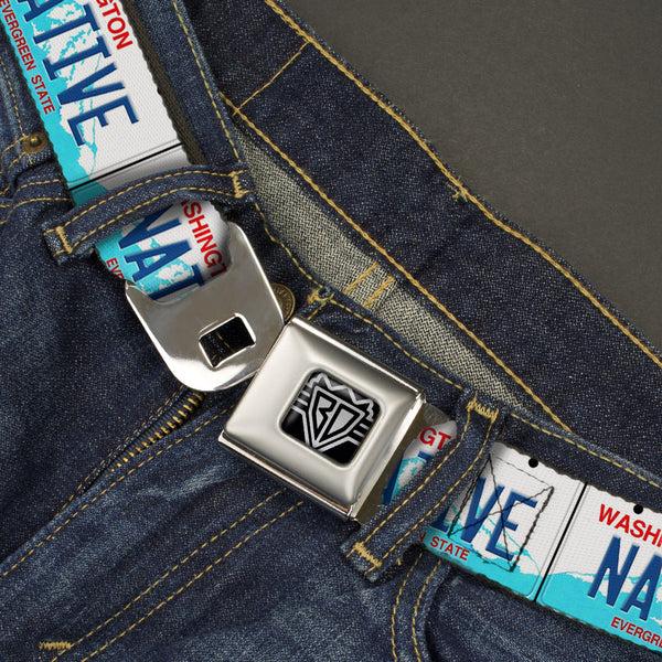 Buckle-Down BD Wings Logo CLOSE-UP Full Color Black Silver Seatbelt Belt - Washington License Plate NATIVE Webbing