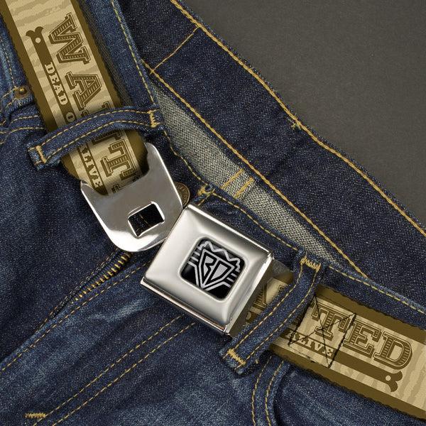 Buckle-Down BD Wings Logo CLOSE-UP Full Color Black Silver Seatbelt Belt - WANTED-DEAD OR ALIVE/Star Tans Webbing