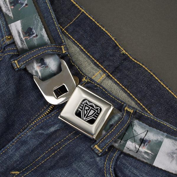 Buckle-Down BD Wings Logo CLOSE-UP Full Color Black Silver Seatbelt Belt - Vivid Surfer Sequence Blocks Webbing