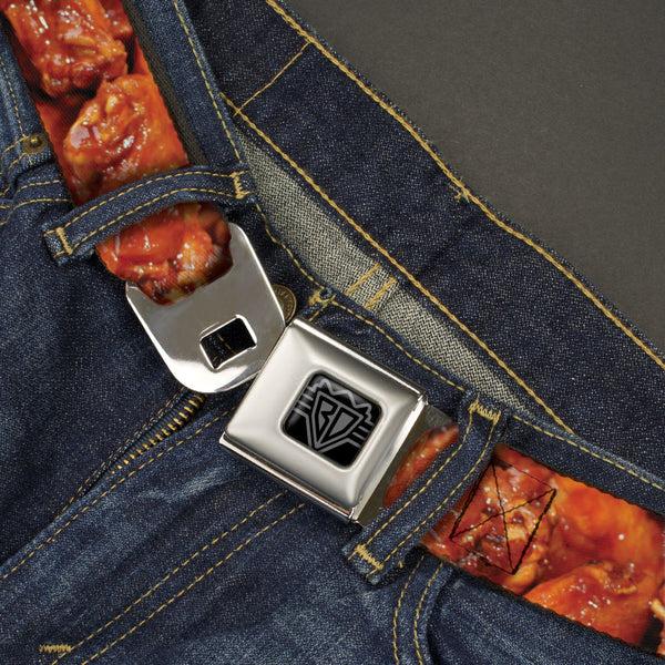 Buckle-Down BD Wings Logo CLOSE-UP Full Color Black Silver Seatbelt Belt - Vivid Hot Wings Stacked Webbing