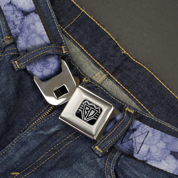 Buckle-Down BD Wings Logo CLOSE-UP Full Color Black Silver Seatbelt Belt - Vivid Floral Collage2 Blues Webbing