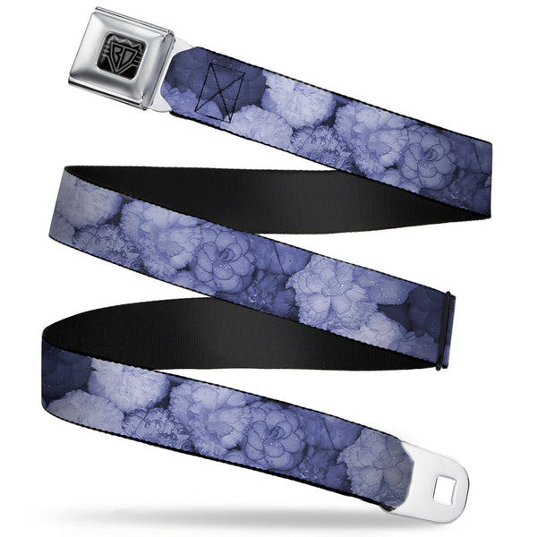 Buckle-Down BD Wings Logo CLOSE-UP Full Color Black Silver Seatbelt Belt - Vivid Floral Collage2 Blues Webbing