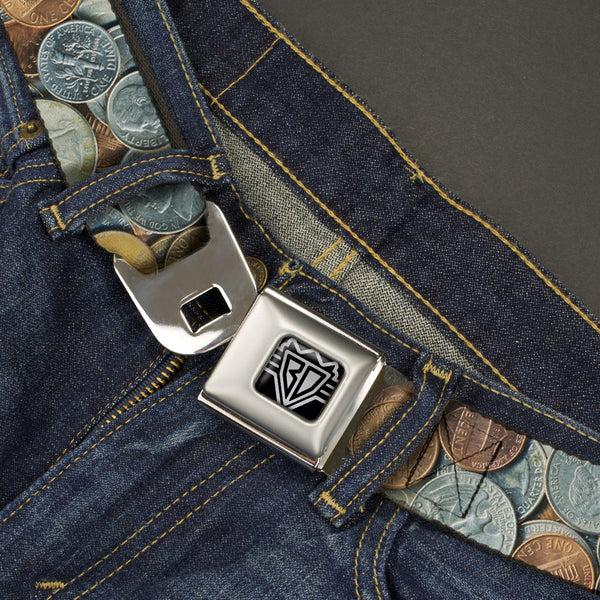 Buckle-Down BD Wings Logo CLOSE-UP Full Color Black Silver Seatbelt Belt - US Coins Stacked Webbing
