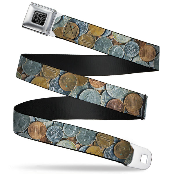 Buckle-Down BD Wings Logo CLOSE-UP Full Color Black Silver Seatbelt Belt - US Coins Stacked Webbing