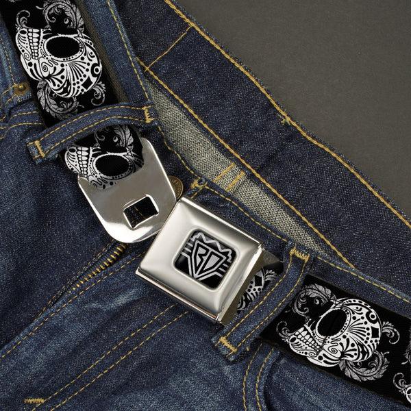 Buckle-Down BD Wings Logo CLOSE-UP Full Color Black Silver Seatbelt Belt - Tattoo Skull Floral Black/White Webbing
