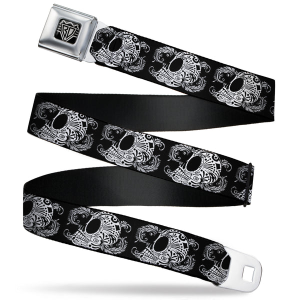 Buckle-Down BD Wings Logo CLOSE-UP Full Color Black Silver Seatbelt Belt - Tattoo Skull Floral Black/White Webbing