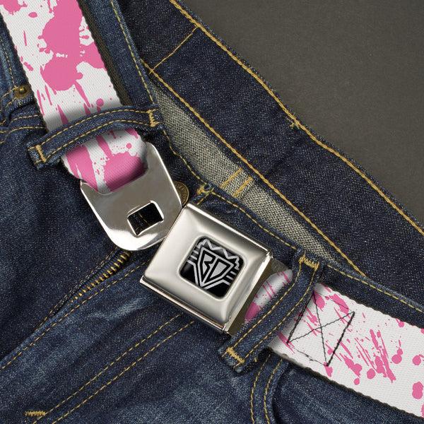 Buckle-Down BD Wings Logo CLOSE-UP Full Color Black Silver Seatbelt Belt - Splatter White/Pink Webbing