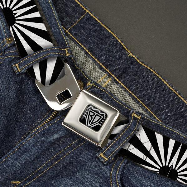 Buckle-Down BD Wings Logo CLOSE-UP Full Color Black Silver Seatbelt Belt - Rising Sun White/Black Webbing