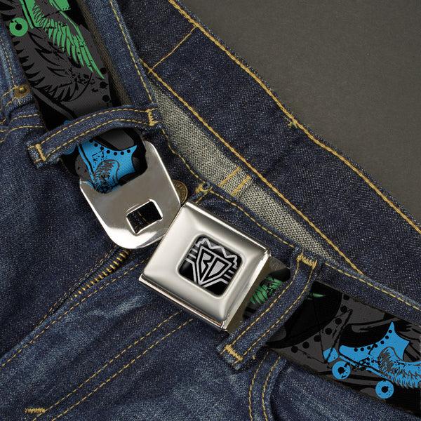 Buckle-Down BD Wings Logo CLOSE-UP Full Color Black Silver Seatbelt Belt - Roller Skates Black/Gray/Multi Color Webbing
