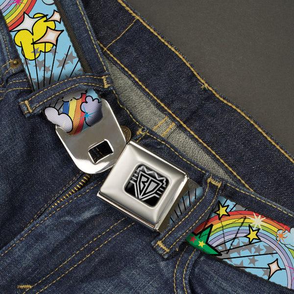 Buckle-Down BD Wings Logo CLOSE-UP Full Color Black Silver Seatbelt Belt - Rainbow Cloud Stars Baby Blue Webbing