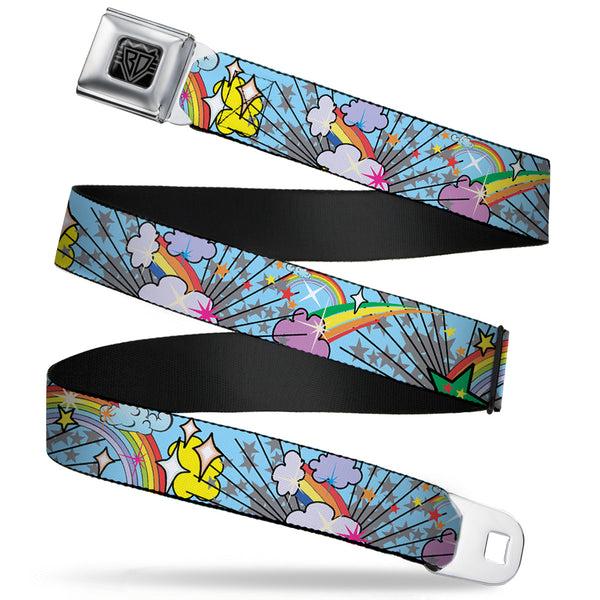 Buckle-Down BD Wings Logo CLOSE-UP Full Color Black Silver Seatbelt Belt - Rainbow Cloud Stars Baby Blue Webbing