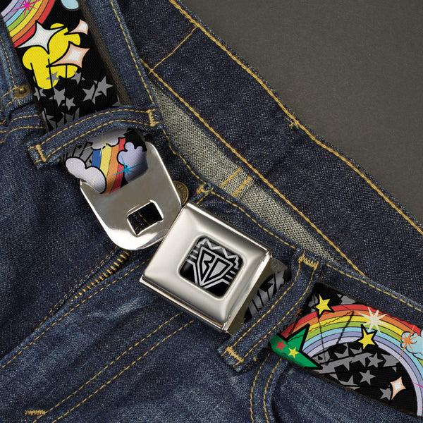 Buckle-Down BD Wings Logo CLOSE-UP Full Color Black Silver Seatbelt Belt - Rainbow Cloud Stars Black Webbing