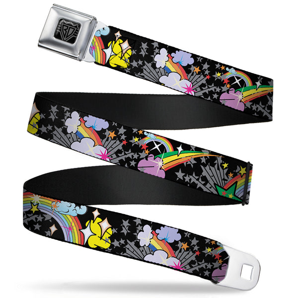 Buckle-Down BD Wings Logo CLOSE-UP Full Color Black Silver Seatbelt Belt - Rainbow Cloud Stars Black Webbing