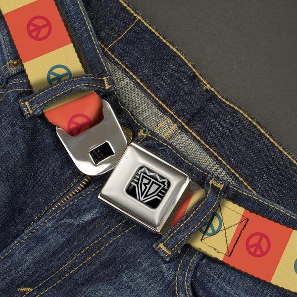 Buckle-Down BD Wings Logo CLOSE-UP Full Color Black Silver Seatbelt Belt - Peace Blocks Red/Yellow/Blue Webbing