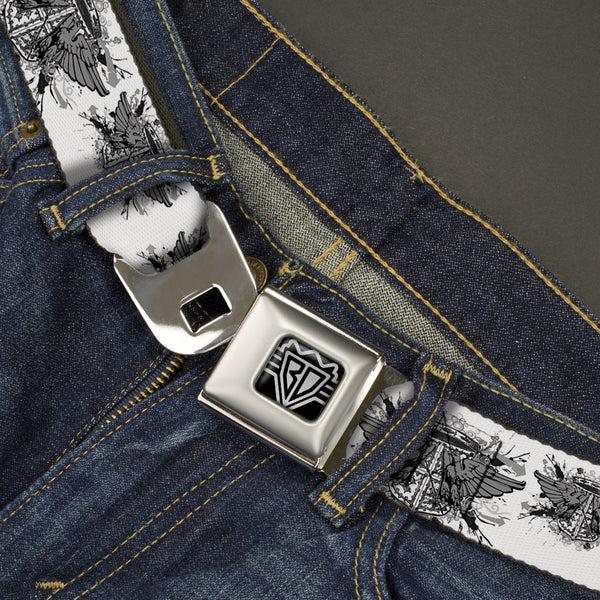 Buckle-Down BD Wings Logo CLOSE-UP Full Color Black Silver Seatbelt Belt - Phoenix Shield White Webbing