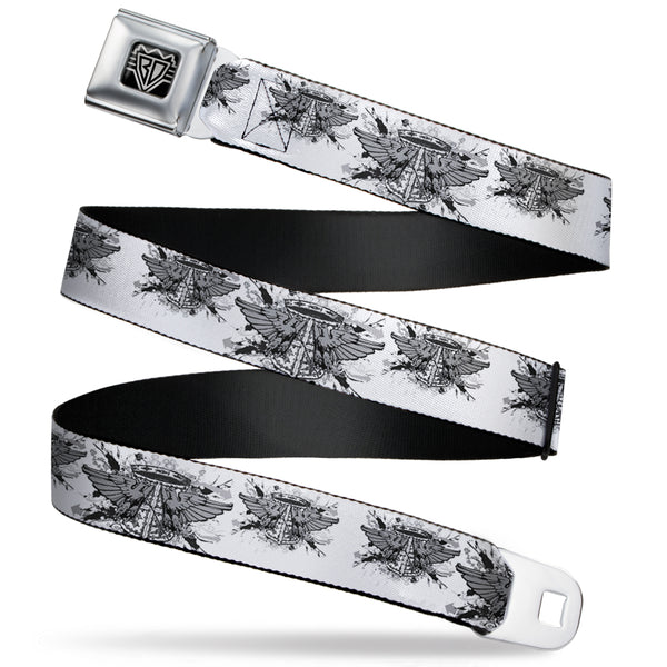 Buckle-Down BD Wings Logo CLOSE-UP Full Color Black Silver Seatbelt Belt - Phoenix Shield White Webbing