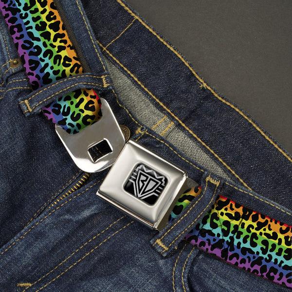 Buckle-Down BD Wings Logo CLOSE-UP Full Color Black Silver Seatbelt Belt - Leopard Rainbow/Black Webbing