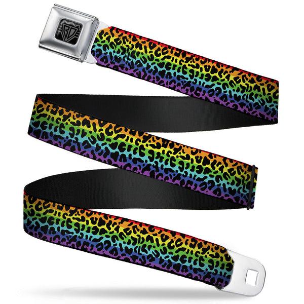 Buckle-Down BD Wings Logo CLOSE-UP Full Color Black Silver Seatbelt Belt - Leopard Rainbow/Black Webbing