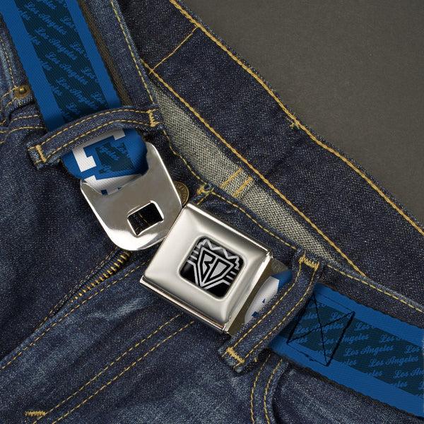 Buckle-Down BD Wings Logo CLOSE-UP Full Color Black Silver Seatbelt Belt - LA/LOS ANGELES Script Stripe Blues/White Webbing