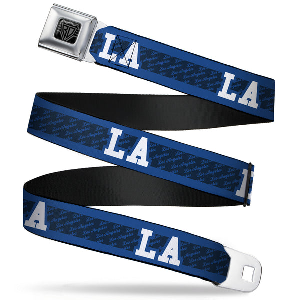 Buckle-Down BD Wings Logo CLOSE-UP Full Color Black Silver Seatbelt Belt - LA/LOS ANGELES Script Stripe Blues/White Webbing