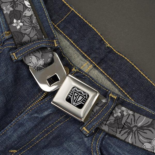 Buckle-Down BD Wings Logo CLOSE-UP Full Color Black Silver Seatbelt Belt - Hibiscus Collage Gray Shades Webbing