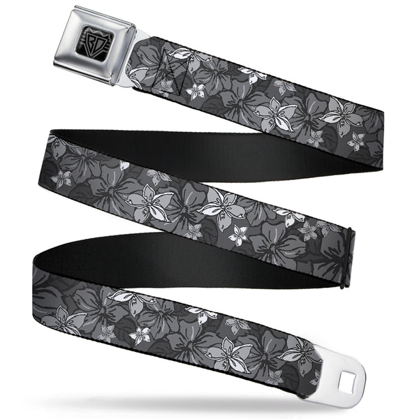 Buckle-Down BD Wings Logo CLOSE-UP Full Color Black Silver Seatbelt Belt - Hibiscus Collage Gray Shades Webbing