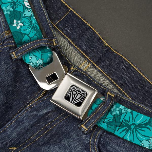 Buckle-Down BD Wings Logo CLOSE-UP Full Color Black Silver Seatbelt Belt - Hibiscus Collage Turquoise Shades Webbing