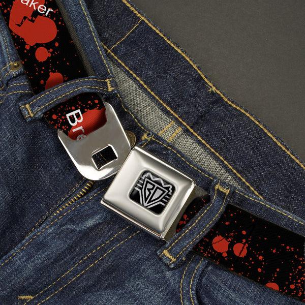 Buckle-Down BD Wings Logo CLOSE-UP Full Color Black Silver Seatbelt Belt - Heart Breaker Black/White/Red Webbing