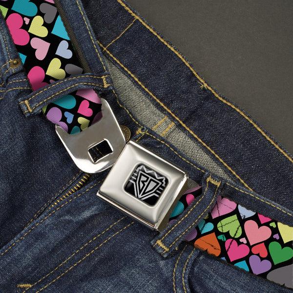 Buckle-Down BD Wings Logo CLOSE-UP Full Color Black Silver Seatbelt Belt - Hearts Black/Multi Color Webbing
