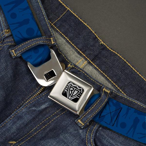 Buckle-Down BD Wings Logo CLOSE-UP Full Color Black Silver Seatbelt Belt - Golfing Silhouettes Collage Blues Webbing