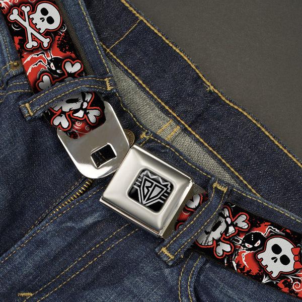 Buckle-Down BD Wings Logo CLOSE-UP Full Color Black Silver Seatbelt Belt - Girlie Skull Black/Red Webbing