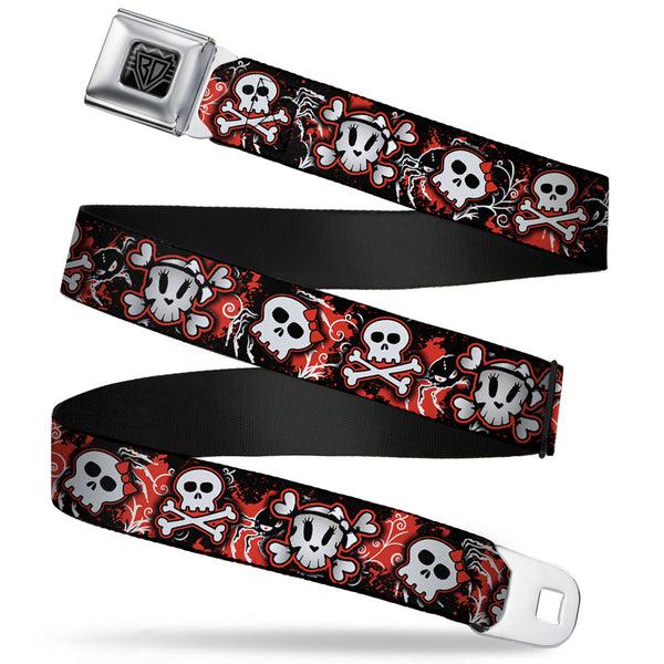 Buckle-Down BD Wings Logo CLOSE-UP Full Color Black Silver Seatbelt Belt - Girlie Skull Black/Red Webbing