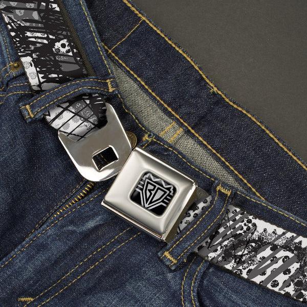 Buckle-Down BD Wings Logo CLOSE-UP Full Color Black Silver Seatbelt Belt - Grunge Gears Black/White Webbing