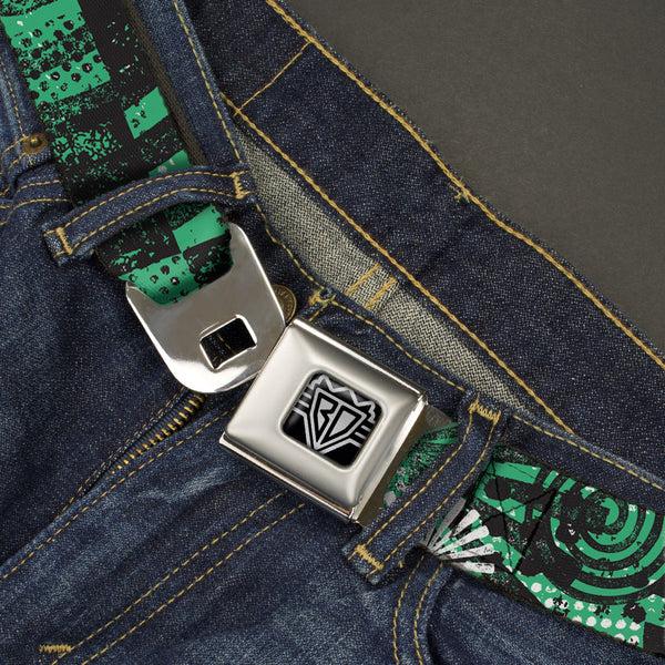 Buckle-Down BD Wings Logo CLOSE-UP Full Color Black Silver Seatbelt Belt - Grunge Chaos Green Webbing