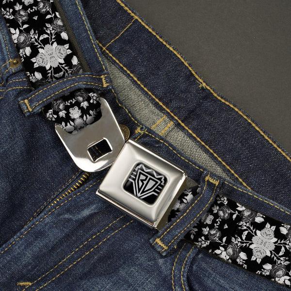 Buckle-Down BD Wings Logo CLOSE-UP Full Color Black Silver Seatbelt Belt - Floral Collage Black/Gray/White Webbing