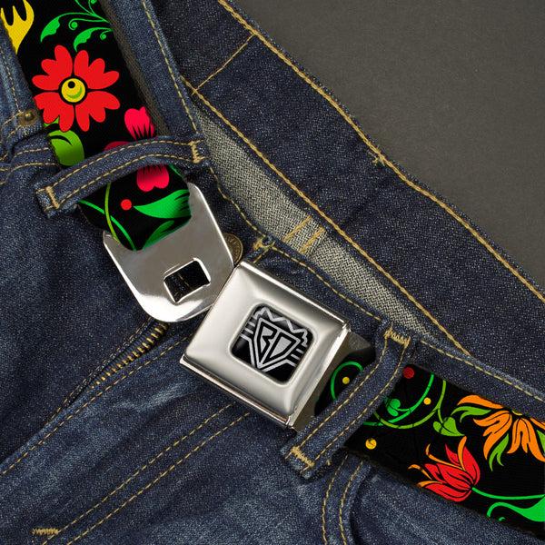 Buckle-Down BD Wings Logo CLOSE-UP Full Color Black Silver Seatbelt Belt - Floral Collage2 Black/Red/Orange/Green Webbing