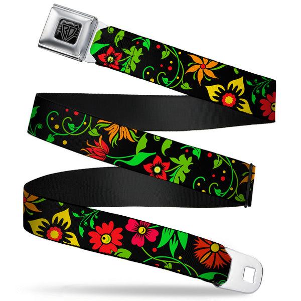 Buckle-Down BD Wings Logo CLOSE-UP Full Color Black Silver Seatbelt Belt - Floral Collage2 Black/Red/Orange/Green Webbing