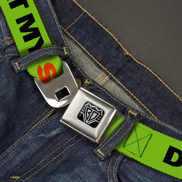 Buckle-Down BD Wings Logo CLOSE-UP Full Color Black Silver Seatbelt Belt - DON'T SWEAT MY SWAG Neon Green/Black/Red Webbing