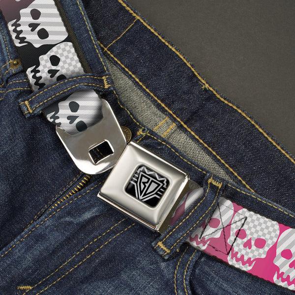 Buckle-Down BD Wings Logo CLOSE-UP Full Color Black Silver Seatbelt Belt - Checker & Stripe Skulls Gradient Blue/Fuchsia Webbing