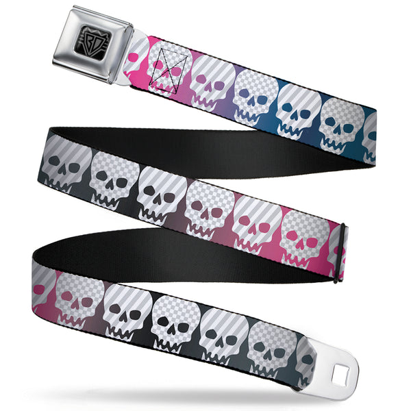 Buckle-Down BD Wings Logo CLOSE-UP Full Color Black Silver Seatbelt Belt - Checker & Stripe Skulls Gradient Blue/Fuchsia Webbing