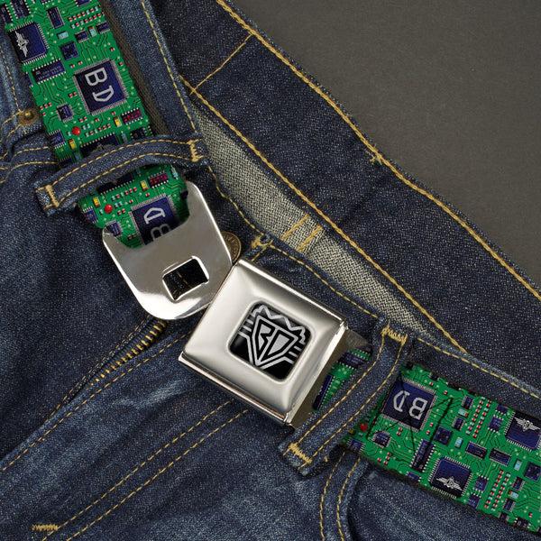 Buckle-Down BD Wings Logo CLOSE-UP Full Color Black Silver Seatbelt Belt - Circuit Board Webbing